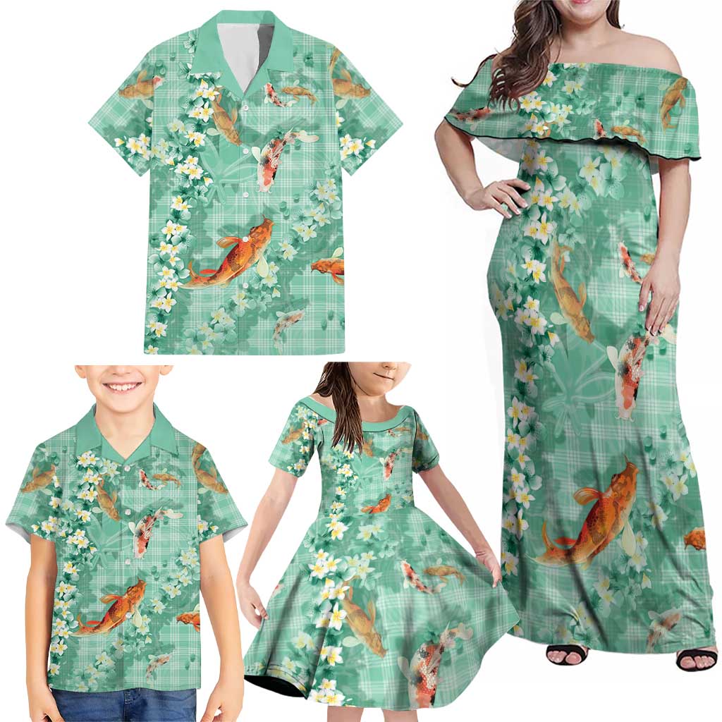 Green Palaka Hawaiian And Japanese Family Matching Off Shoulder Maxi Dress and Hawaiian Shirt Sakura Lei With Koi Fish - Polynesian Pride
