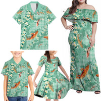 Green Palaka Hawaiian And Japanese Family Matching Off Shoulder Maxi Dress and Hawaiian Shirt Sakura Lei With Koi Fish - Polynesian Pride