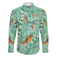 Green Palaka Hawaiian And Japanese Family Matching Off Shoulder Maxi Dress and Hawaiian Shirt Sakura Lei With Koi Fish - Polynesian Pride