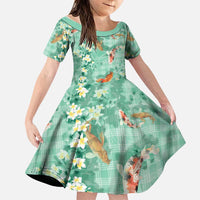 Green Palaka Hawaiian And Japanese Family Matching Off Shoulder Short Dress and Hawaiian Shirt Sakura Lei With Koi Fish - Polynesian Pride