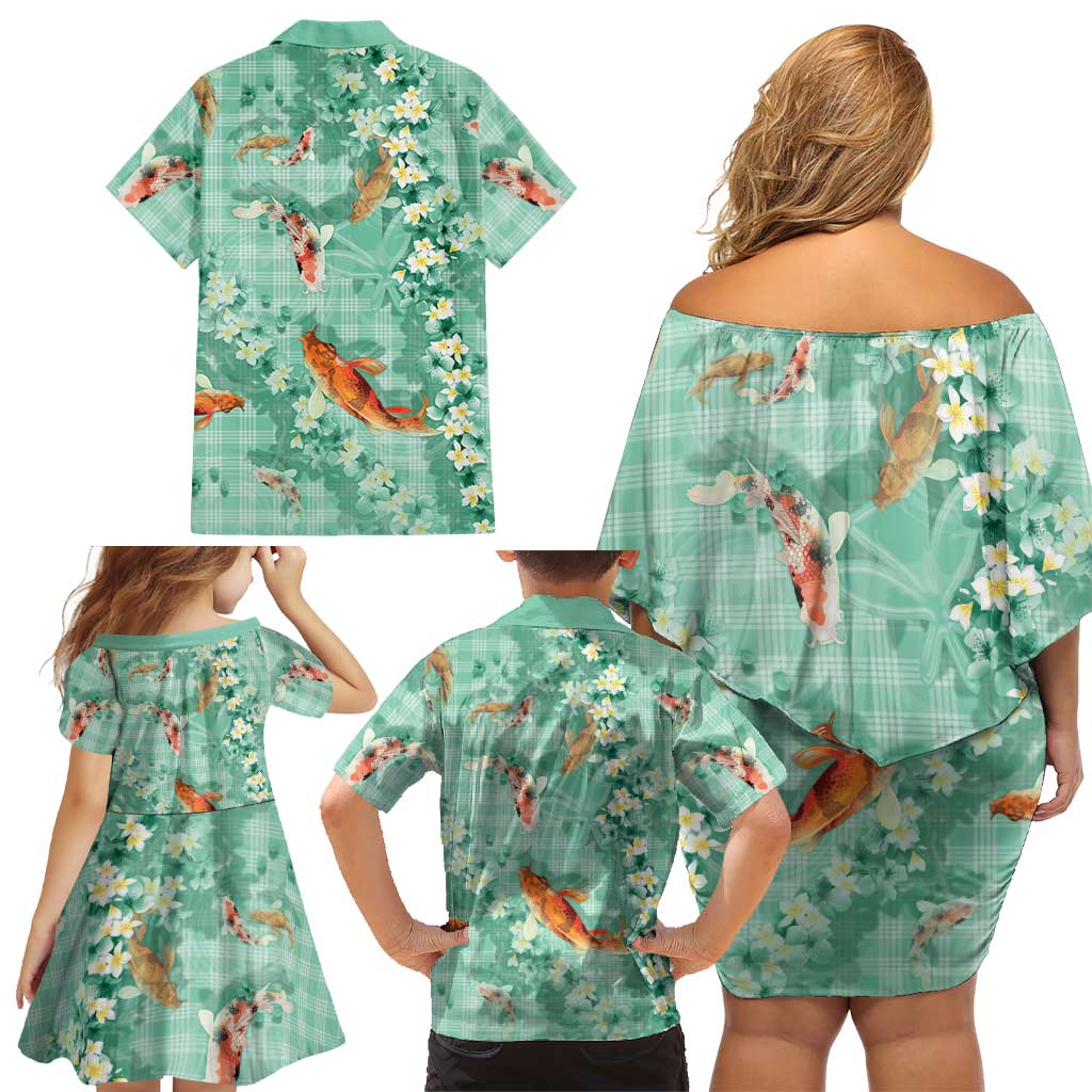 Green Palaka Hawaiian And Japanese Family Matching Off Shoulder Short Dress and Hawaiian Shirt Sakura Lei With Koi Fish - Polynesian Pride