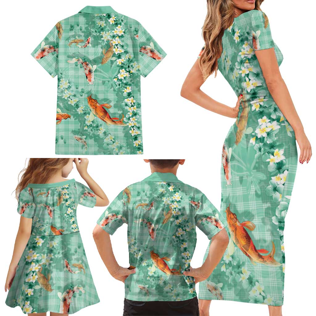 Green Palaka Hawaiian And Japanese Family Matching Short Sleeve Bodycon Dress and Hawaiian Shirt Sakura Lei With Koi Fish - Polynesian Pride