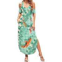 Green Palaka Hawaiian And Japanese Family Matching Summer Maxi Dress and Hawaiian Shirt Sakura Lei With Koi Fish - Polynesian Pride