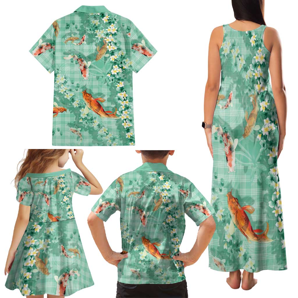 Green Palaka Hawaiian And Japanese Family Matching Tank Maxi Dress and Hawaiian Shirt Sakura Lei With Koi Fish - Polynesian Pride