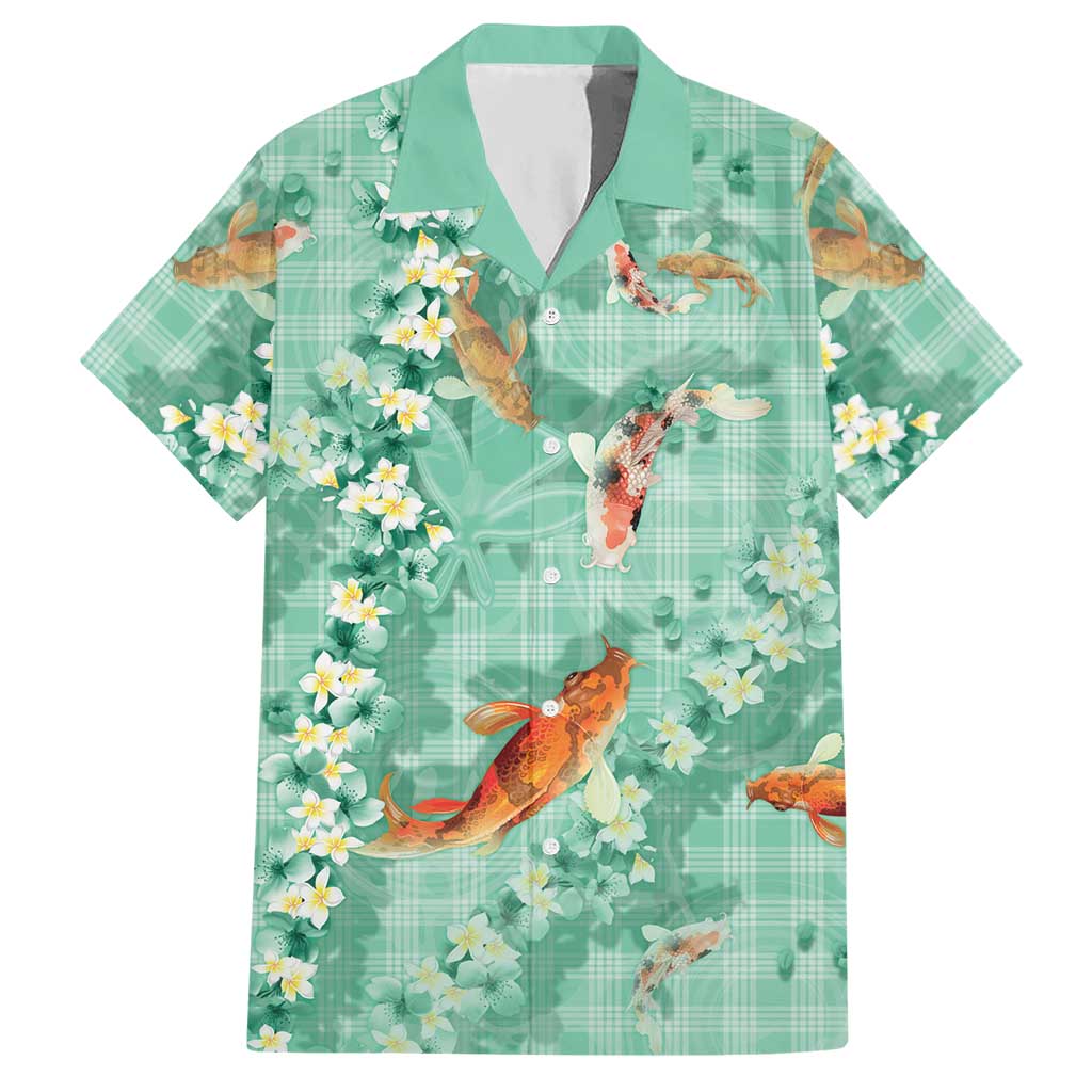 Green Palaka Hawaiian And Japanese Hawaiian Shirt Sakura Lei With Koi Fish DT05 Green - Polynesian Pride