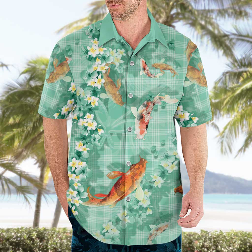 Green Palaka Hawaiian And Japanese Hawaiian Shirt Sakura Lei With Koi Fish DT05 - Polynesian Pride