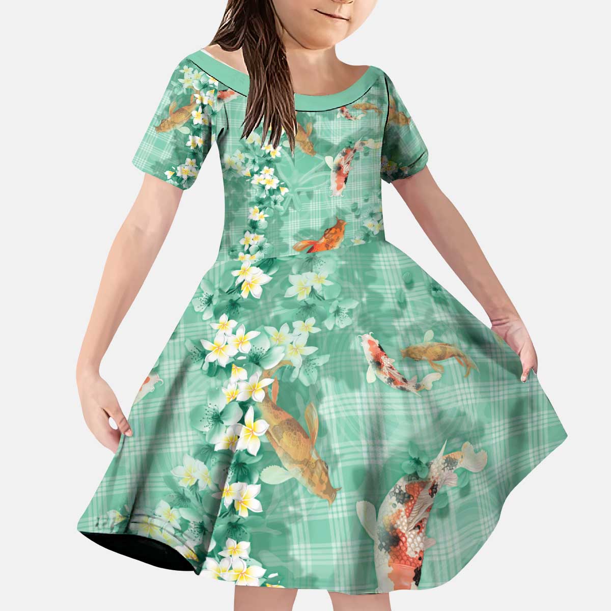 Green Palaka Hawaiian And Japanese Kid Short Sleeve Dress Sakura Lei With Koi Fish - Polynesian Pride