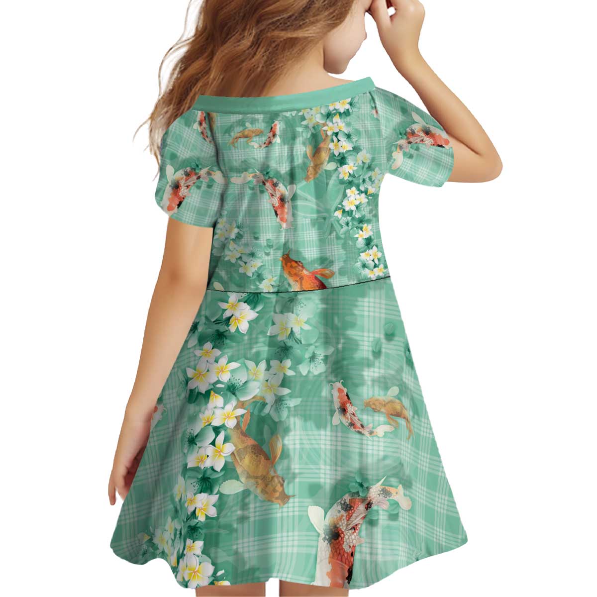Green Palaka Hawaiian And Japanese Kid Short Sleeve Dress Sakura Lei With Koi Fish - Polynesian Pride