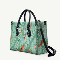 Green Palaka Hawaiian And Japanese Leather Bag Sakura Lei With Koi Fish DT05 Green - Polynesian Pride