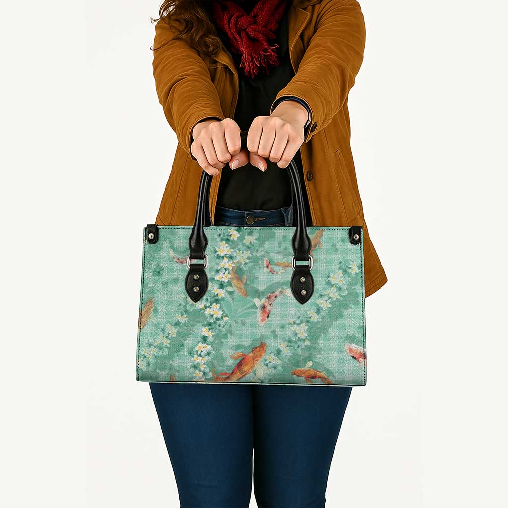 Green Palaka Hawaiian And Japanese Leather Bag Sakura Lei With Koi Fish DT05 - Polynesian Pride