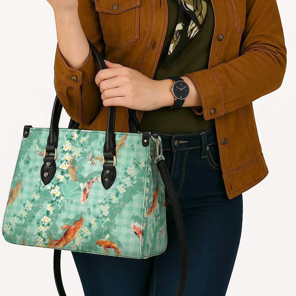 Green Palaka Hawaiian And Japanese Leather Bag Sakura Lei With Koi Fish DT05 - Polynesian Pride
