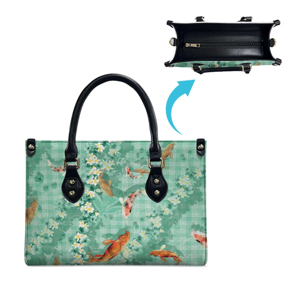 Green Palaka Hawaiian And Japanese Leather Bag Sakura Lei With Koi Fish DT05 - Polynesian Pride