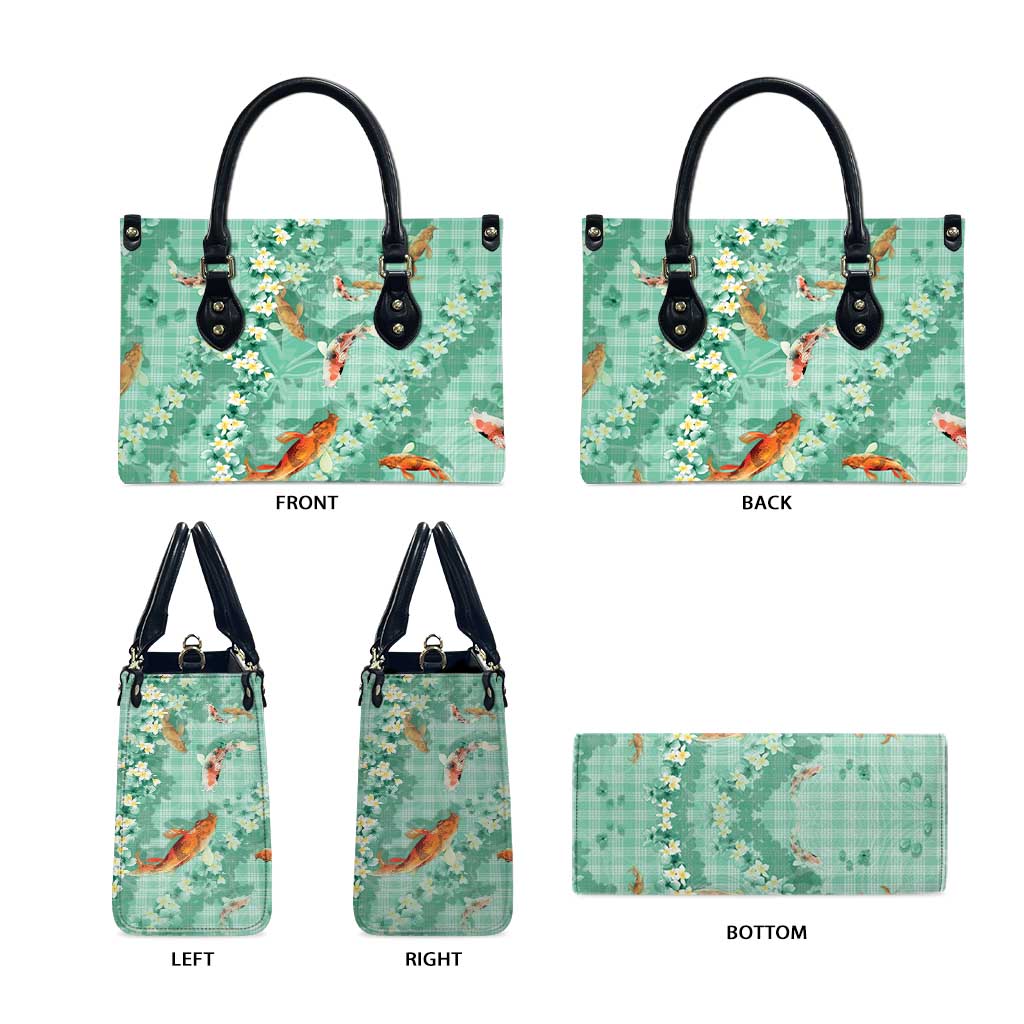 Green Palaka Hawaiian And Japanese Leather Bag Sakura Lei With Koi Fish DT05 - Polynesian Pride