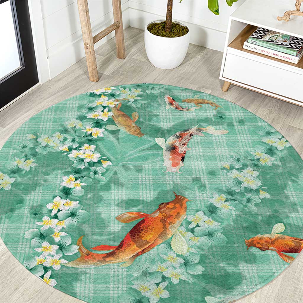 Green Palaka Hawaiian And Japanese Round Carpet Sakura Lei With Koi Fish DT05 Green - Polynesian Pride