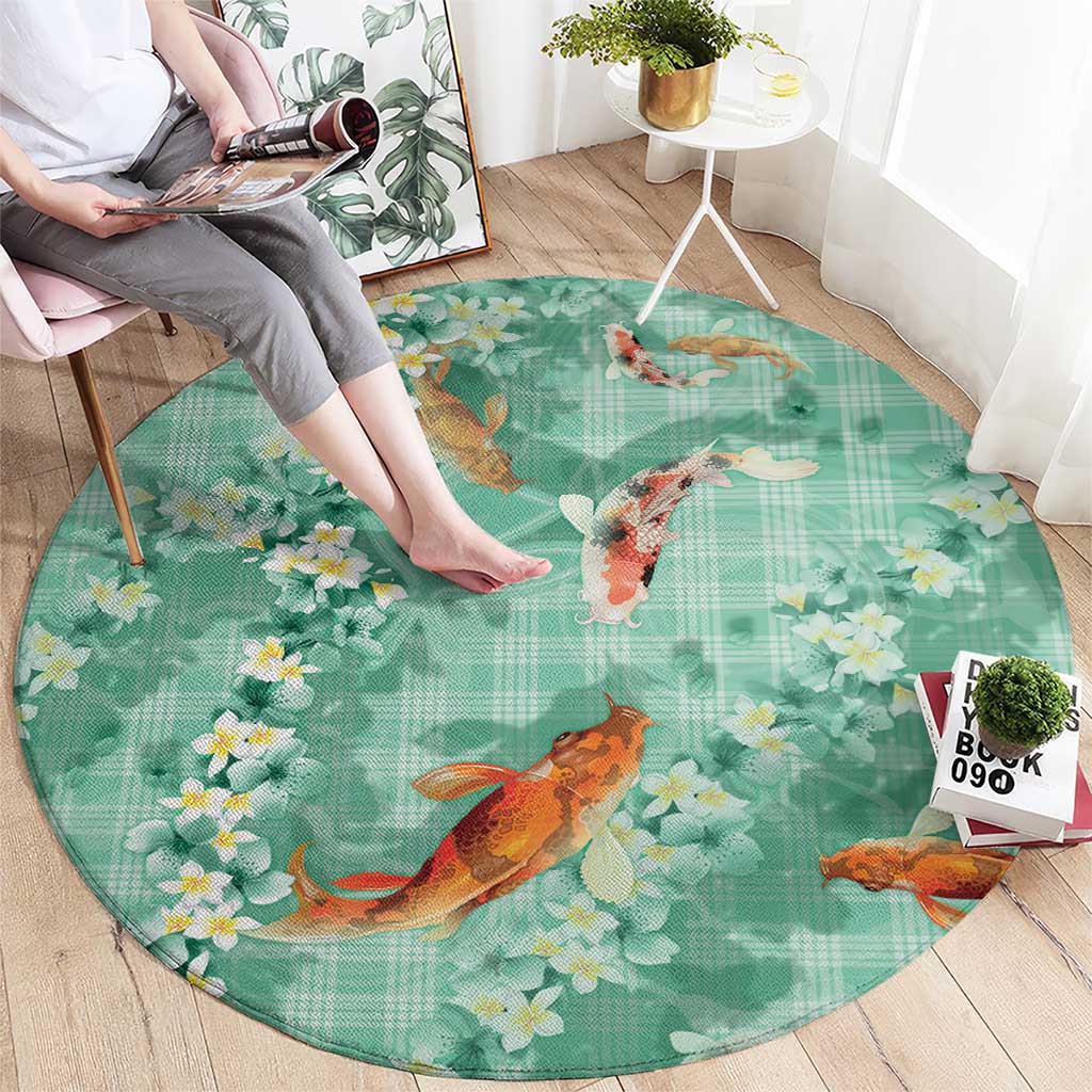 Green Palaka Hawaiian And Japanese Round Carpet Sakura Lei With Koi Fish DT05 - Polynesian Pride