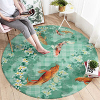 Green Palaka Hawaiian And Japanese Round Carpet Sakura Lei With Koi Fish DT05 - Polynesian Pride