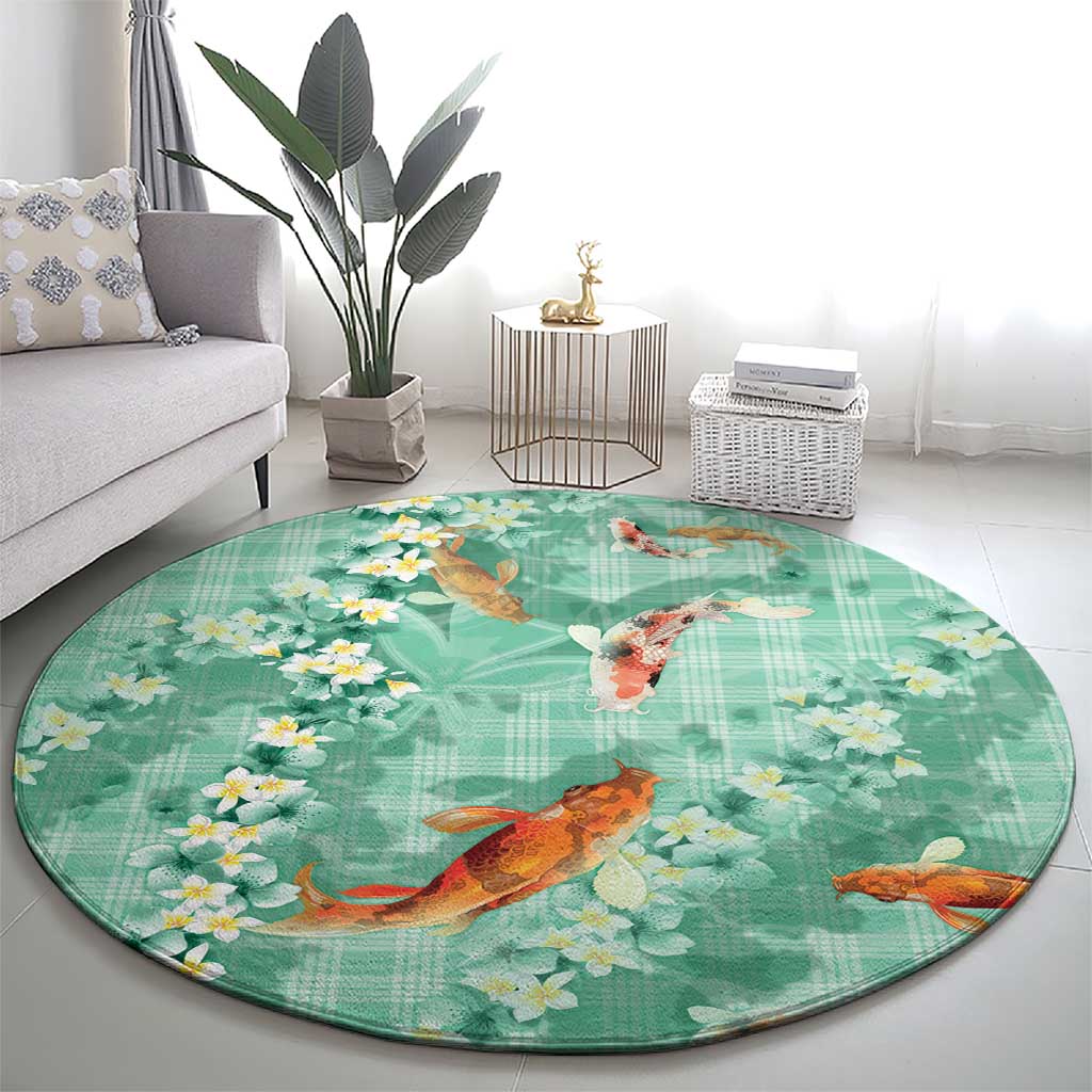 Green Palaka Hawaiian And Japanese Round Carpet Sakura Lei With Koi Fish DT05 - Polynesian Pride