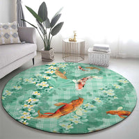 Green Palaka Hawaiian And Japanese Round Carpet Sakura Lei With Koi Fish DT05 - Polynesian Pride