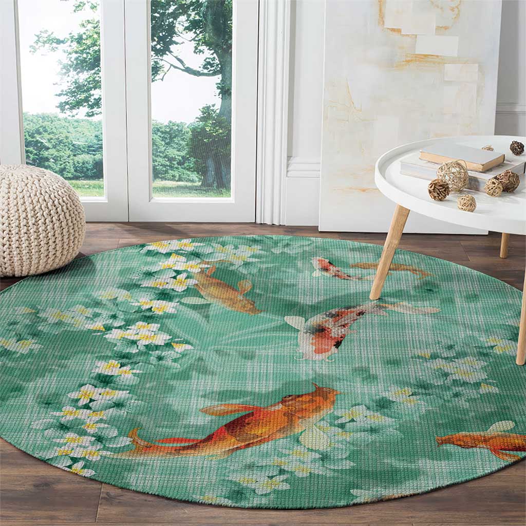 Green Palaka Hawaiian And Japanese Round Carpet Sakura Lei With Koi Fish DT05 - Polynesian Pride