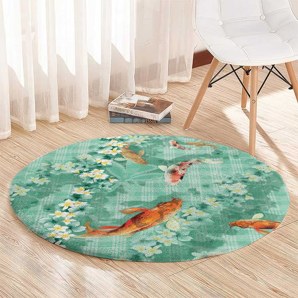 Green Palaka Hawaiian And Japanese Round Carpet Sakura Lei With Koi Fish DT05 - Polynesian Pride