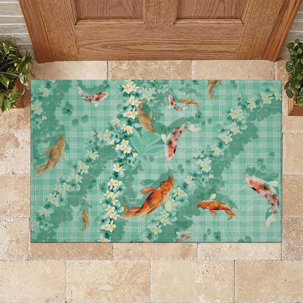 Green Palaka Hawaiian And Japanese Rubber Doormat Sakura Lei With Koi Fish DT05 Green - Polynesian Pride