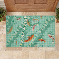 Green Palaka Hawaiian And Japanese Rubber Doormat Sakura Lei With Koi Fish DT05 Green - Polynesian Pride