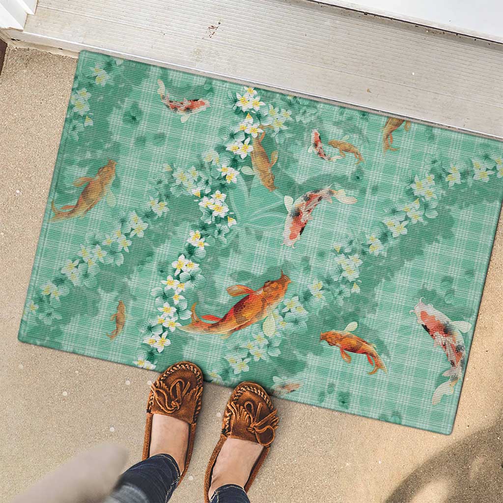 Green Palaka Hawaiian And Japanese Rubber Doormat Sakura Lei With Koi Fish DT05 - Polynesian Pride