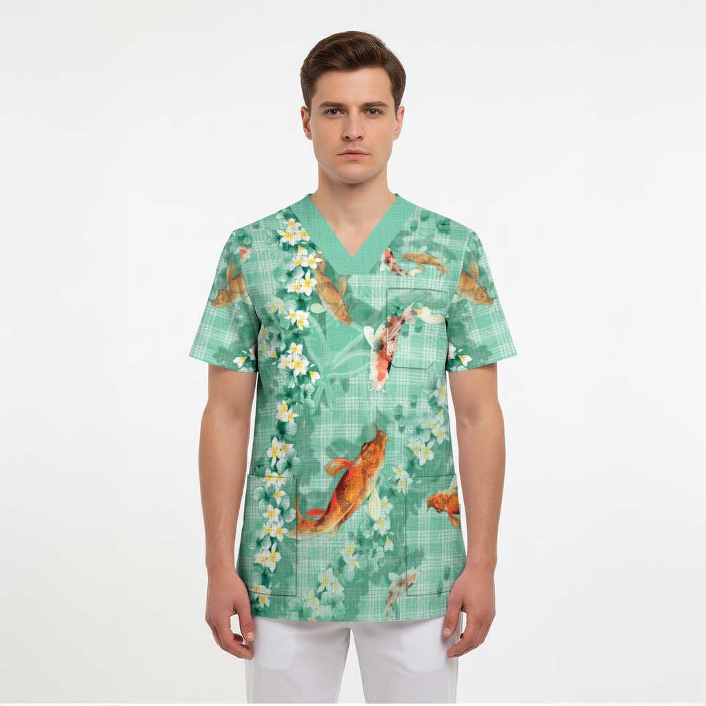 Green Palaka Hawaiian And Japanese Scrub Top Sakura Lei With Koi Fish DT05 - Polynesian Pride