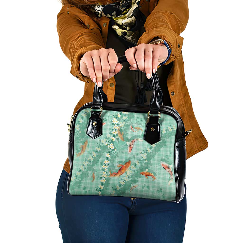 Green Palaka Hawaiian And Japanese Shoulder Handbag Sakura Lei With Koi Fish - Polynesian Pride