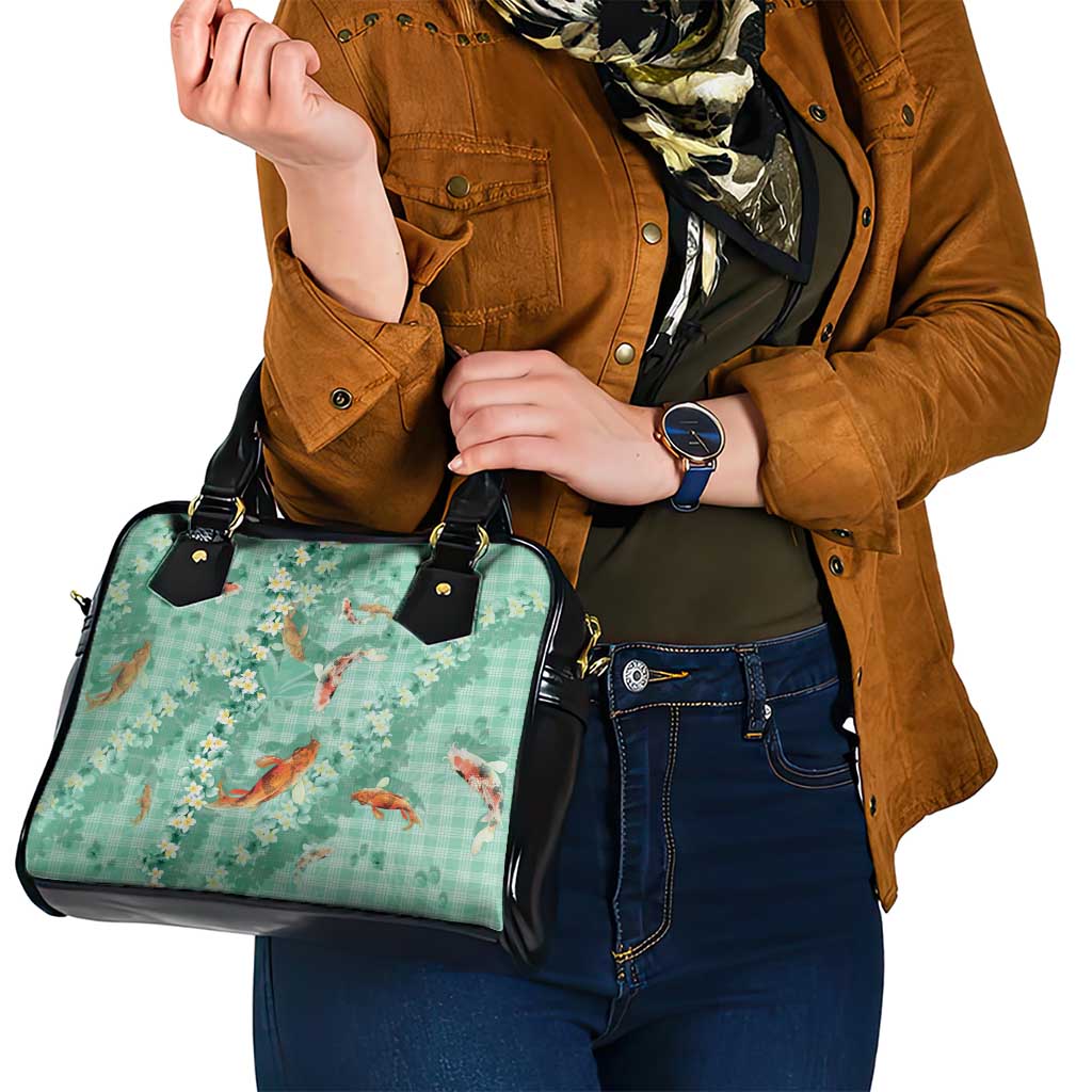 Green Palaka Hawaiian And Japanese Shoulder Handbag Sakura Lei With Koi Fish - Polynesian Pride