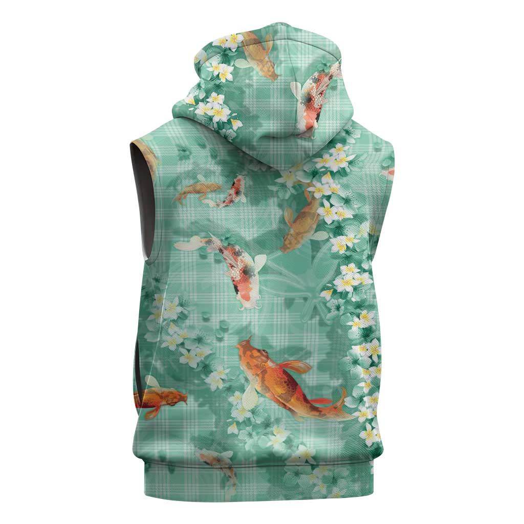 Green Palaka Hawaiian And Japanese Sleeveless Hoodie Sakura Lei With Koi Fish DT05 - Polynesian Pride