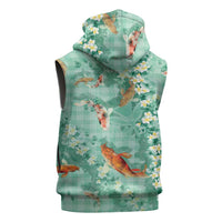 Green Palaka Hawaiian And Japanese Sleeveless Hoodie Sakura Lei With Koi Fish DT05 - Polynesian Pride