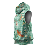 Green Palaka Hawaiian And Japanese Sleeveless Hoodie Sakura Lei With Koi Fish DT05 - Polynesian Pride