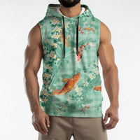 Green Palaka Hawaiian And Japanese Sleeveless Hoodie Sakura Lei With Koi Fish DT05 - Polynesian Pride