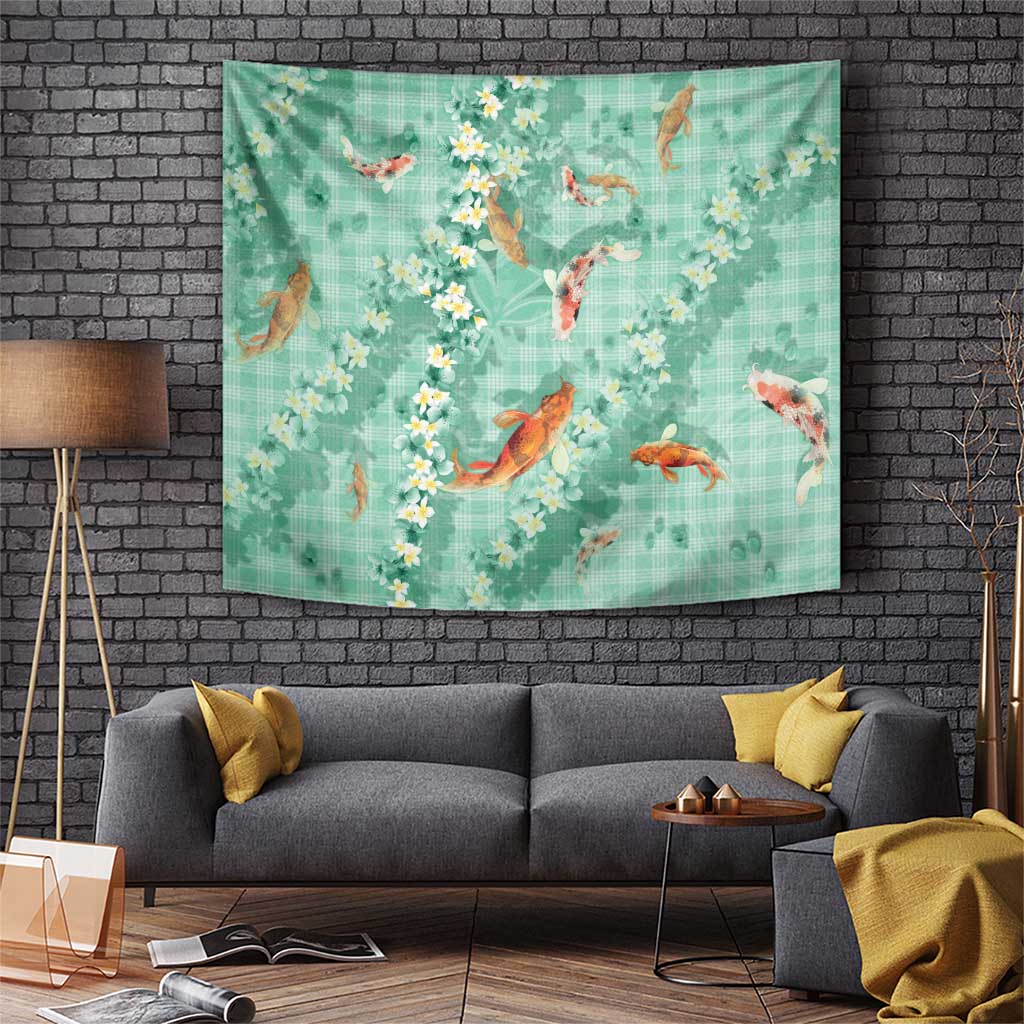 Green Palaka Hawaiian And Japanese Tapestry Sakura Lei With Koi Fish DT05 Green - Polynesian Pride