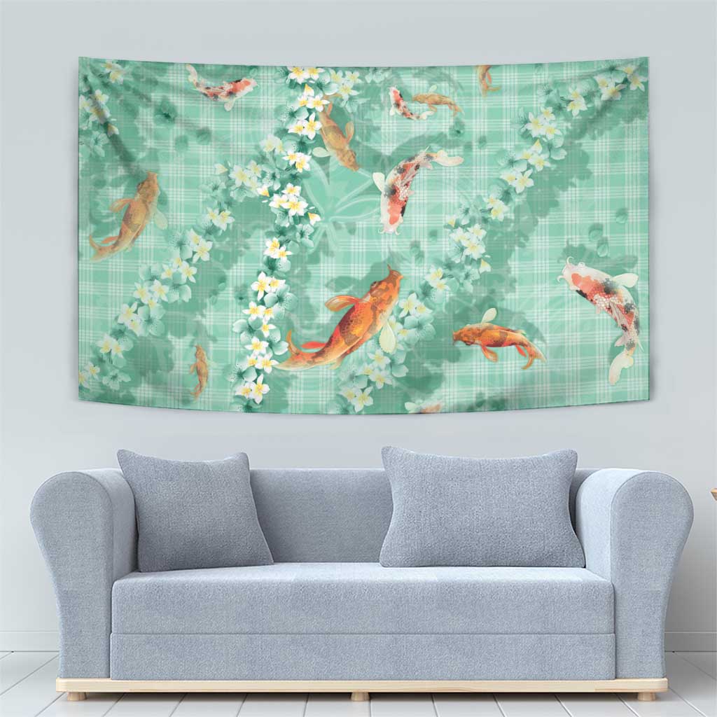 Green Palaka Hawaiian And Japanese Tapestry Sakura Lei With Koi Fish DT05 - Polynesian Pride