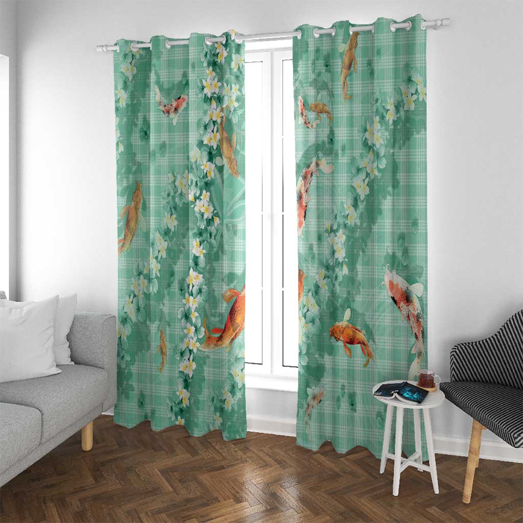 Green Palaka Hawaiian And Japanese Window Curtain Sakura Lei With Koi Fish DT05 With Grommets Green - Polynesian Pride