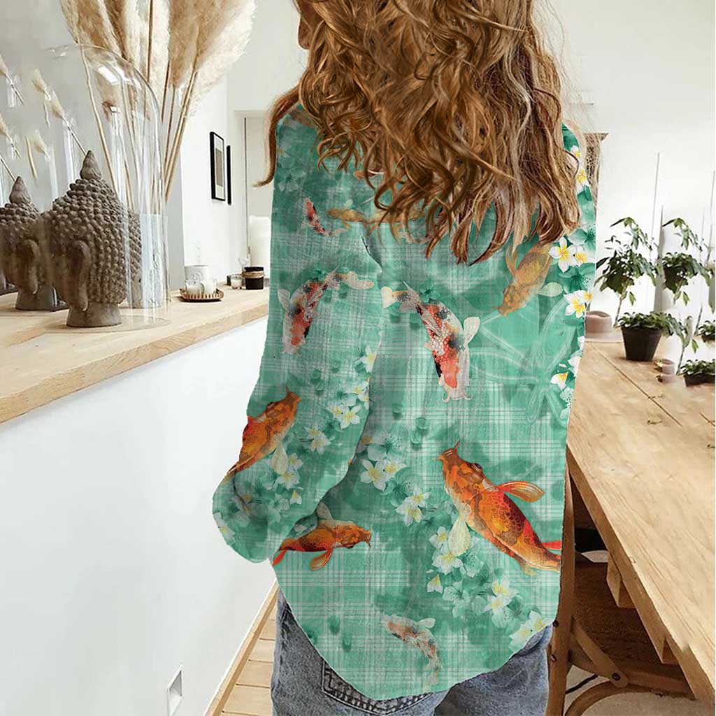 Green Palaka Hawaiian And Japanese Women Casual Shirt Sakura Lei With Koi Fish - Polynesian Pride
