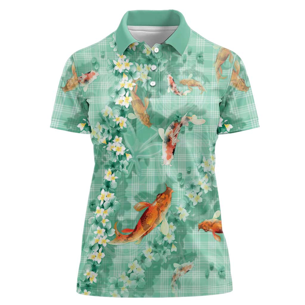 Green Palaka Hawaiian And Japanese Women Polo Shirt Sakura Lei With Koi Fish - Polynesian Pride