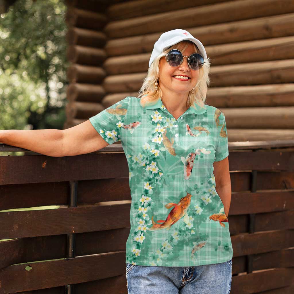Green Palaka Hawaiian And Japanese Women Polo Shirt Sakura Lei With Koi Fish - Polynesian Pride