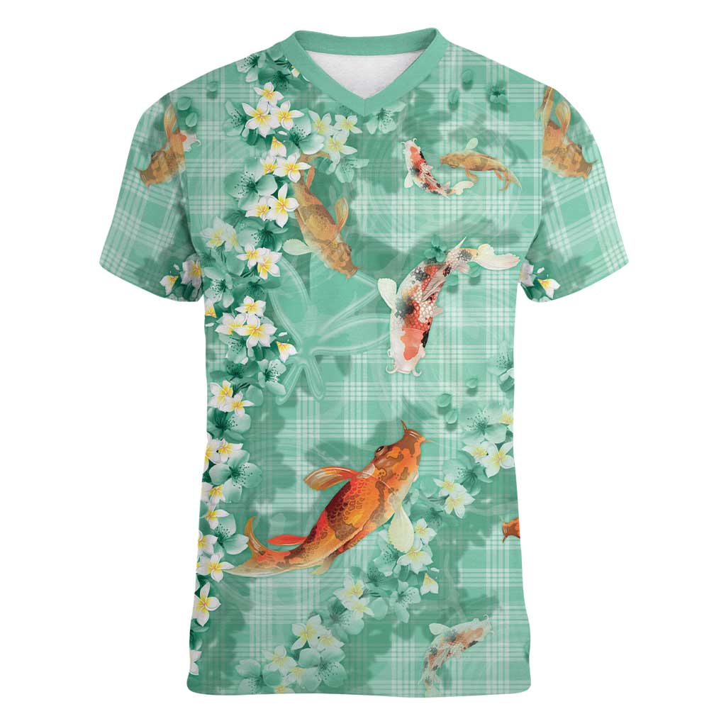 Green Palaka Hawaiian And Japanese Women V-Neck T-Shirt Sakura Lei With Koi Fish - Polynesian Pride