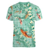 Green Palaka Hawaiian And Japanese Women V-Neck T-Shirt Sakura Lei With Koi Fish - Polynesian Pride