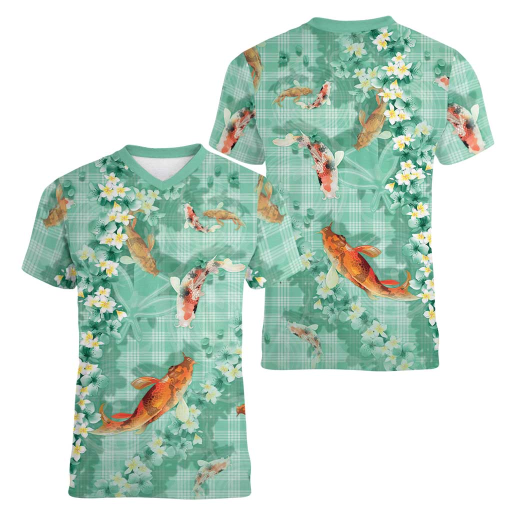 Green Palaka Hawaiian And Japanese Women V-Neck T-Shirt Sakura Lei With Koi Fish - Polynesian Pride