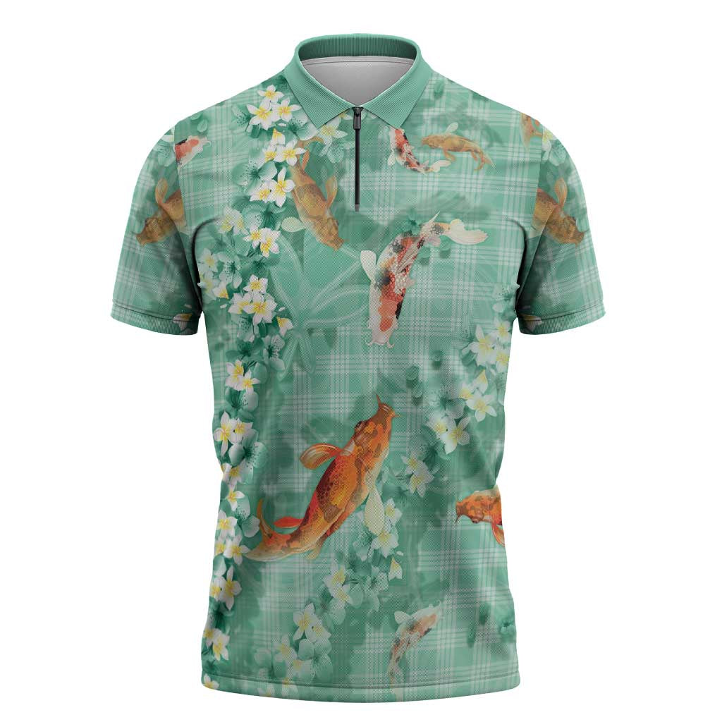 Green Palaka Hawaiian And Japanese Zipper Polo Shirt Sakura Lei With Koi Fish DT05 Green - Polynesian Pride