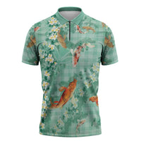 Green Palaka Hawaiian And Japanese Zipper Polo Shirt Sakura Lei With Koi Fish DT05 Green - Polynesian Pride