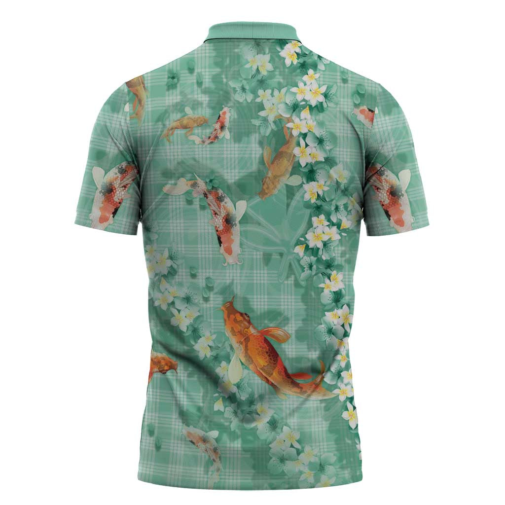 Green Palaka Hawaiian And Japanese Zipper Polo Shirt Sakura Lei With Koi Fish DT05 - Polynesian Pride