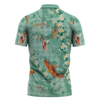 Green Palaka Hawaiian And Japanese Zipper Polo Shirt Sakura Lei With Koi Fish DT05 - Polynesian Pride