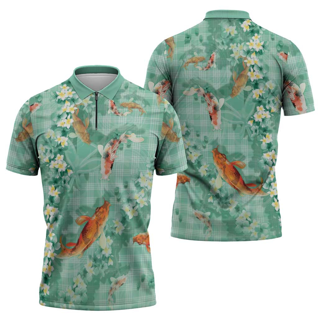 Green Palaka Hawaiian And Japanese Zipper Polo Shirt Sakura Lei With Koi Fish DT05 - Polynesian Pride