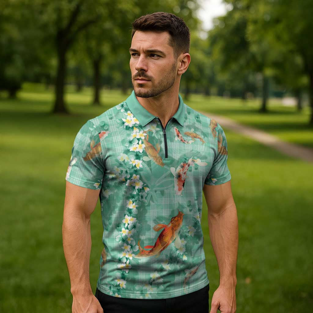 Green Palaka Hawaiian And Japanese Zipper Polo Shirt Sakura Lei With Koi Fish DT05 - Polynesian Pride
