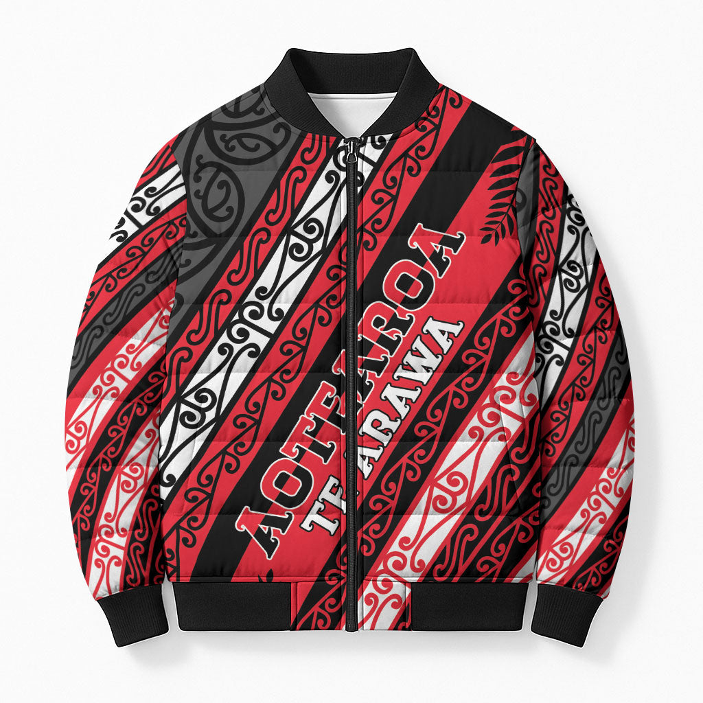 Personalised Aotearoa Te Arawa Bomber Puffer Jacket New Zealand Maori Tribal Fern Pattern DT05 Unisex Red - Polynesian Pride
